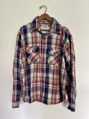 Vintage Big Mike All Cotton Flannel Button Up Shirt Long Sleeve Distressed L-XL